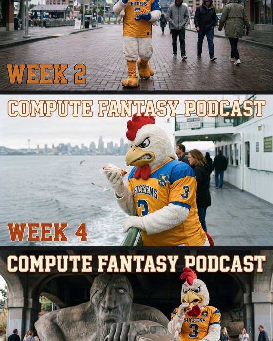 The Week 1 cover: the show’s chicken mascot in a number 3 jersey, sitting beside a stone troll under a bridge.