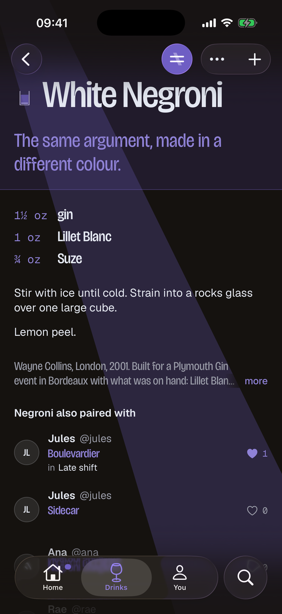 Croze’s White Negroni page with the light on: the recipe, and the one line that pairs it with the Negroni.