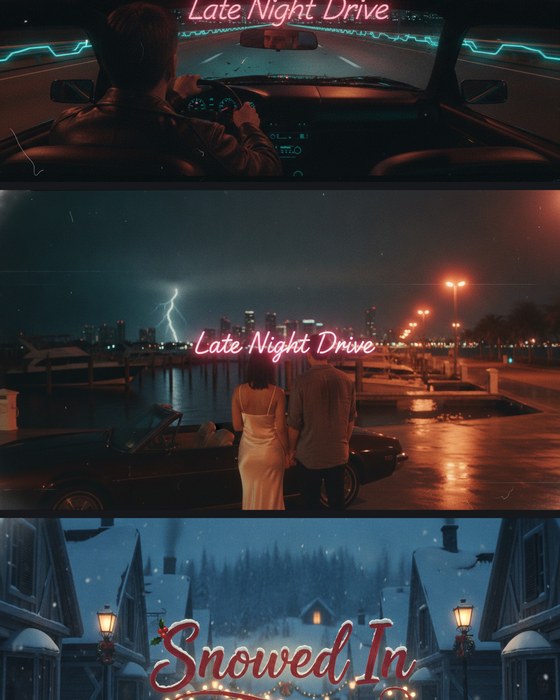 A playlist cover: a couple on a waterfront at night, a storm over the city, the title Late Night Drive in neon script.