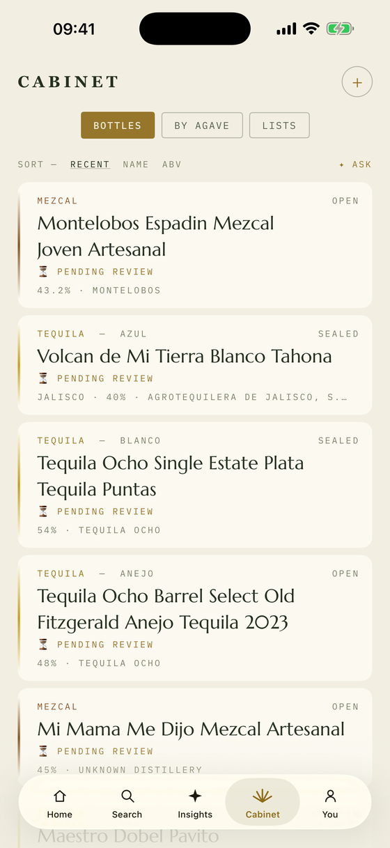 Tahona’s Cabinet screen: a list of mezcal and tequila bottles, each with its type, whether it is open or sealed, and its producer.